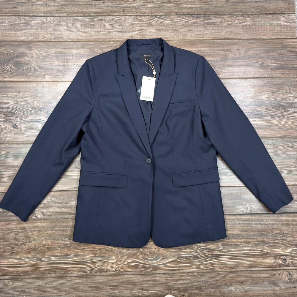 Quince Women Size XL Long Blazer Navy Blue Italian Virgin Wool Single Button NWT